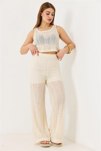 Kadın Ajurlu Pantolun Crop Bluz İkili Takım Ekru Astarsız
