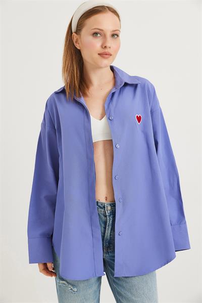 Kalp Nakışlı  Oversize Basic Gömlek Mor