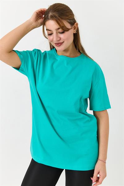 Kadın Bisiklet Yaka Baskısız Düz Bisiklet Yaka Tshirt Yeşil