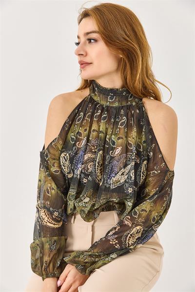 Halter Yaka Full Transparan Omuz Dekolteli  Bluz Yeşil
