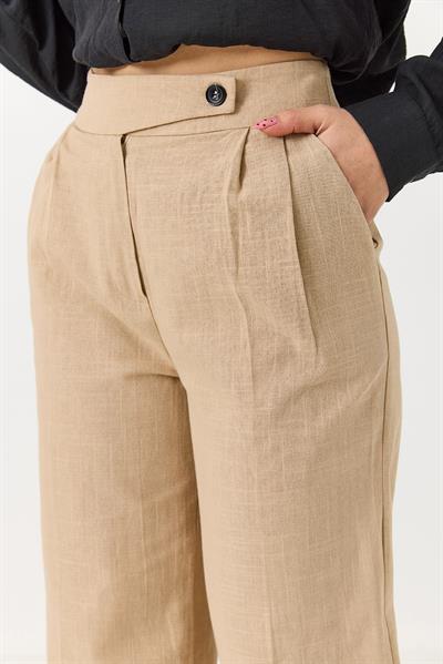Kadın Yüksek Bel Rahat Kesim Palazzo Pantolon Bej