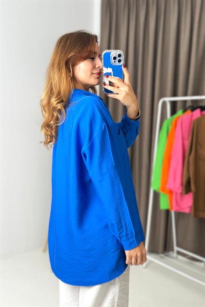 Uzun Kollu Cep Detaylı Basic Gömlek Mavi