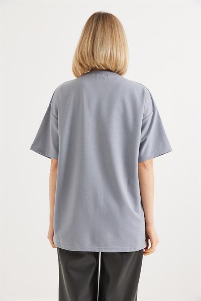 Baskılı Bisiklet Yaka Tshirt Gri