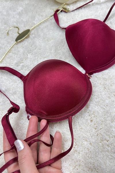 Kadın Desteksiz Push-up Taşlı Biyeli Micro Sütyen Bordo