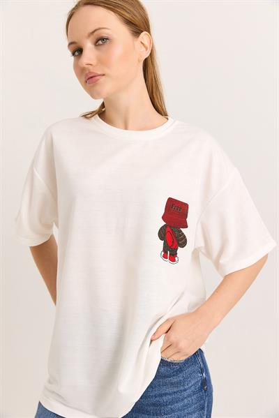 Karakter Baskılı İki İplik Oversize Tshirt Beyaz