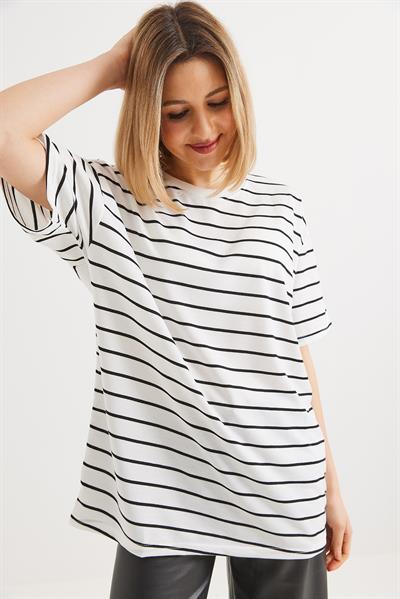 Çizgili İki İp Bayan Tshirt Beyaz