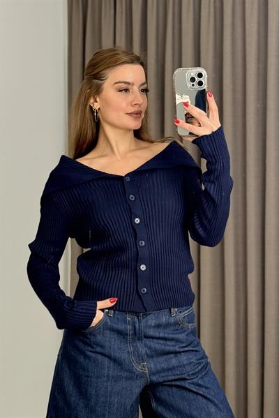 Madonna Yaka Düğmeli Triko Hırka Lacivert