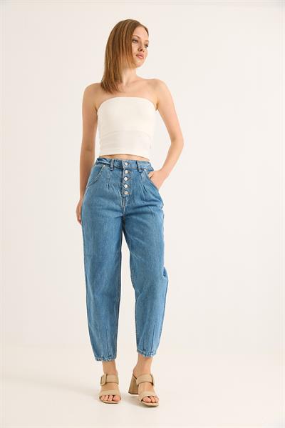 Yüksek Bel Düğmeli Wide Leg Jean Mavi