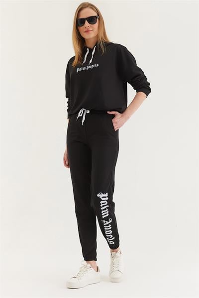 Kapüşonlu Paça Lastikli Eşofman Takım Siyah