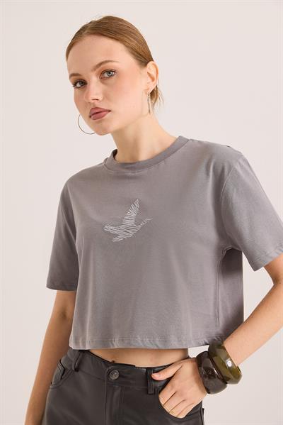 Karikatür Kuş Kabartma Baskılı Örme Crop Tshirt Füme