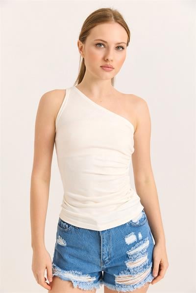Tek Omuz Esnek Kumaş Bluz Ekru