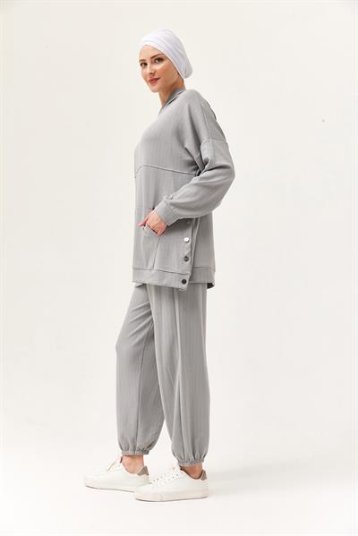 Çıtçıt Detay Kapüşonlu İkili Takım Gri