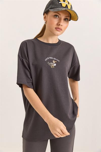 Duck Nakışlı Oversize İki İplik Tshirt Füme