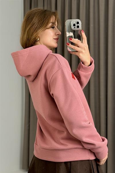 Üç İplik Pembe Kalp Nakışlı Şardonlu Kangru Cepli Kapişonlu Sweat