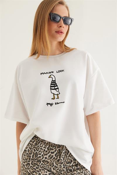 Bisiklet Yaka Oversize Baskılı Tshirt Beyaz