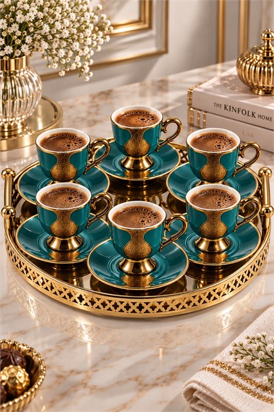 6lı Gold Damla Desenli Fincan Takımı Zümrüt Yeşili