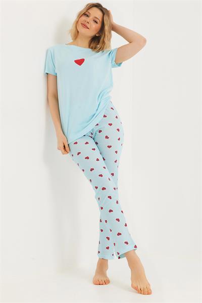 Baskılı Kısa Kol Pijama Takım Mavi