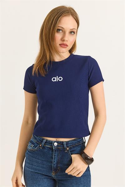 Bisiklet Yaka Alo Nakışlı Fitilli Crop Bluz Lacivert