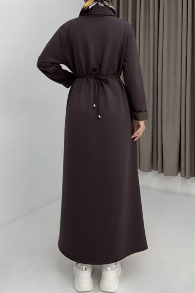 Kadın Beli Bağlamalı Düz Basic Elbise Kahverengi