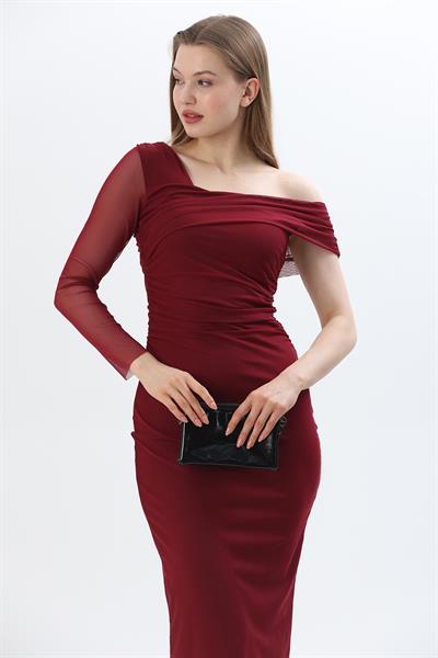 Asimetrik Yaka  Kolu Tül Detaylı Elbise Bordo