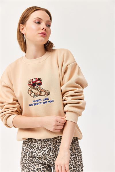 Ayıcık Baskılı 3 İplik Sweatshirt Bej