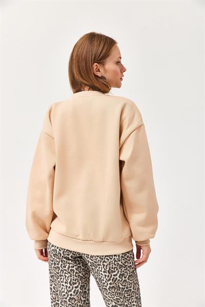 Ayıcık Baskılı 3 İplik Sweatshirt Bej