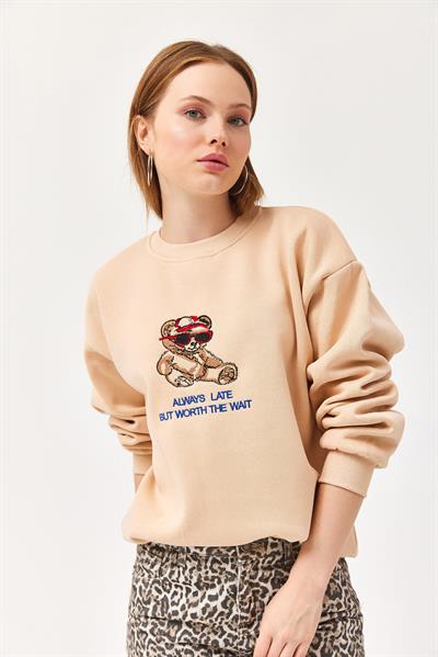 Ayıcık Baskılı 3 İplik Sweatshirt Bej