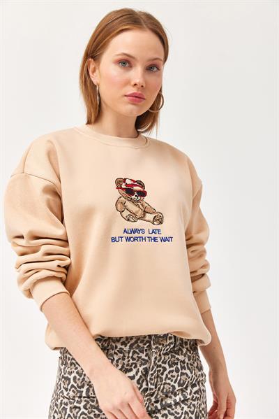 Ayıcık Baskılı 3 İplik Sweatshirt Bej