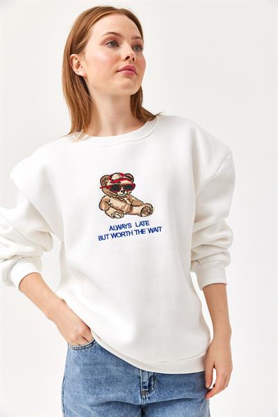 Ayıcık Baskılı 3 İplik Sweatshirt Beyaz