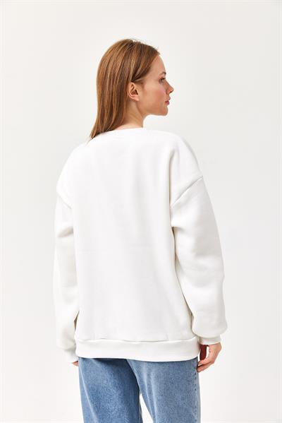 Ayıcık Baskılı 3 İplik Sweatshirt Beyaz