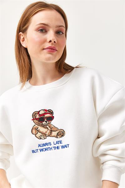 Ayıcık Baskılı 3 İplik Sweatshirt Beyaz