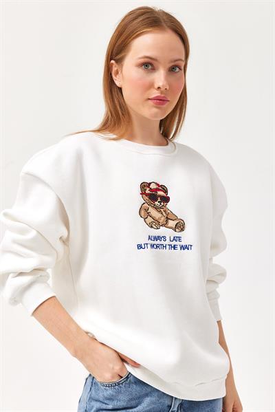 Ayıcık Baskılı 3 İplik Sweatshirt Beyaz