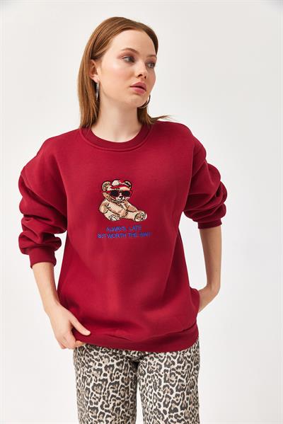 Ayıcık Baskılı 3 İplik Sweatshirt Bordo