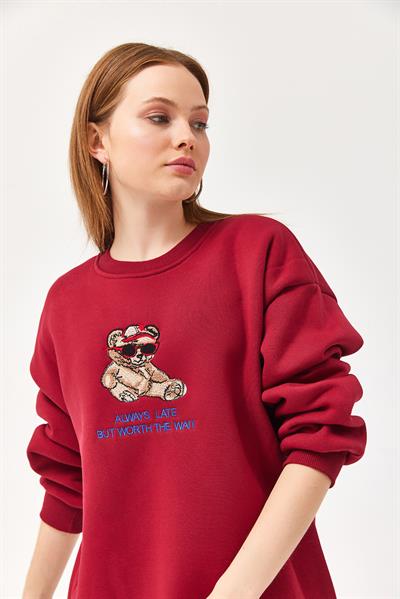 Ayıcık Baskılı 3 İplik Sweatshirt Bordo