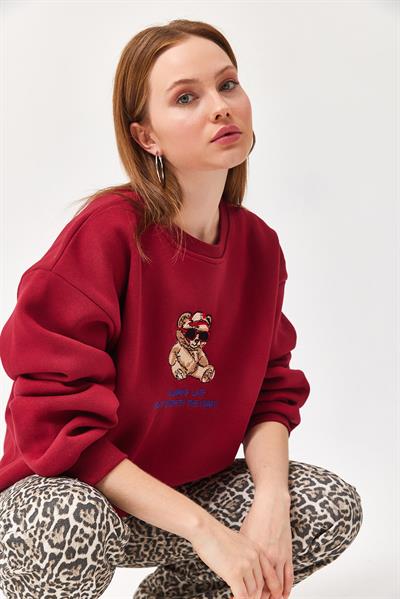 Ayıcık Baskılı 3 İplik Sweatshirt Bordo