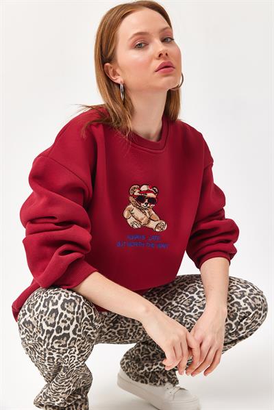 Ayıcık Baskılı 3 İplik Sweatshirt Bordo