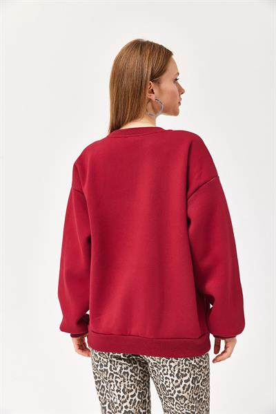 Ayıcık Baskılı 3 İplik Sweatshirt Bordo