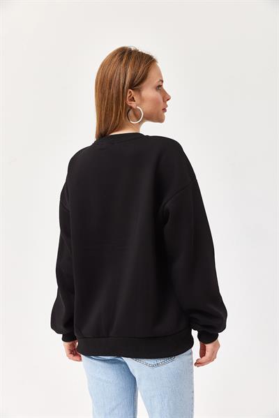 Ayıcık Baskılı 3 İplik Sweatshirt Siyah