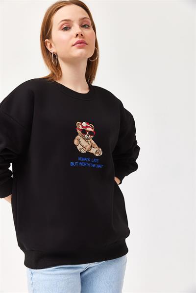 Ayıcık Baskılı 3 İplik Sweatshirt Siyah