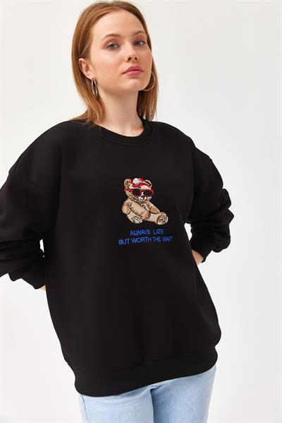 Ayıcık Baskılı 3 İplik Sweatshirt Siyah