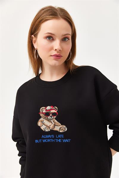Ayıcık Baskılı 3 İplik Sweatshirt Siyah