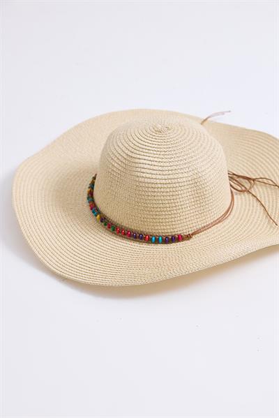 Aksesuarlı Kadın Hasır Plaj Şapkası Vizon