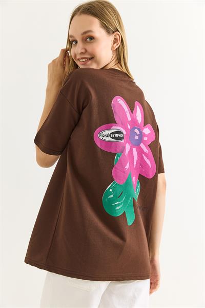 Baskılı Bisiklet Yaka Basic Tshirt Kahverengi