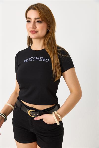Kadın Taş Baskı Detaylı Crop Bluz Siyah