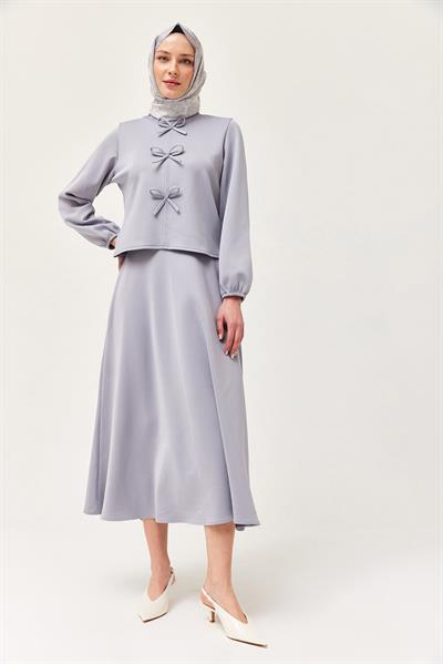 Önü Fiyonklu Etekli Scuba İkili Takım Gri