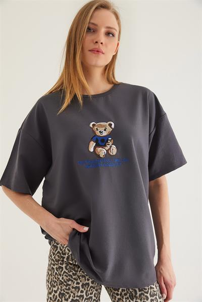 Baskılı Oversize Tshirt Füme
