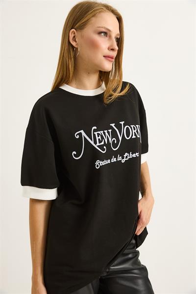 Baskılı Oversize Bisiklet Yaka Tshirt Siyah