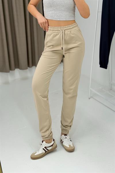 Kadın İki İplik Paçası Lastikli Eşofman Altı Bej