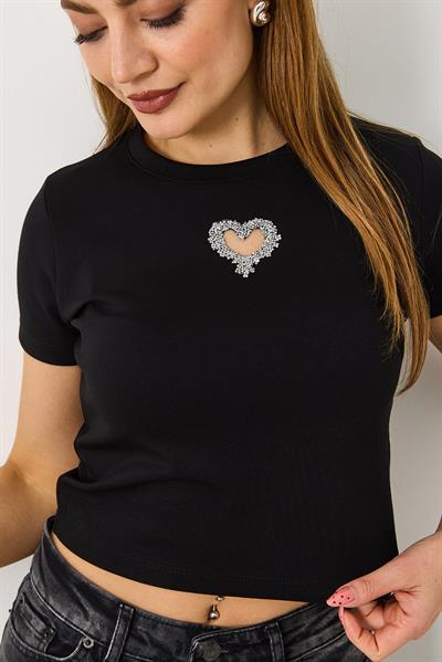 Kadın Taşlı Kalp Detaylı Crop  Bluz  Siyah