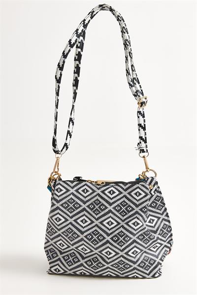 Şallı Mini El ve Omuz Çantası Siyah Beyaz